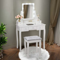 Costway - Coiffeuse, Table de Maquillage avec 10 Ampoules led à Intensité Variable Tabouret avec 5 Tiroirs et Boîtes de Rangement Amovibles Blanc
