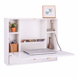 COSTWAY Table Rabattable Murale avec Etagére de Rangement Intégrée en MDF Blanc