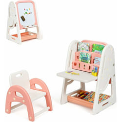 2en1 Tableau Magnétique Enfant Double Face avec Tabouret,Bureau Pliable,Etagère de Livres Accessoires Hauteur Réglable hdpe - Costway