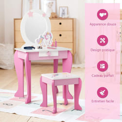 Coiffeuse pour Enfant Table de Maquillage avec Tabouret, Miroir Détachable et 1 Tiroir de Rangement Style Princesse - Costway