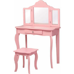 Coiffeuse Enfant Rose avec Tabouret, Table de Maquillage avec Miroir à Trois Panneaux et Tiroir, 70 x 34 x 103 cm, Rose - Costway