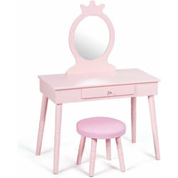 COSTWAY Coiffeuse avec Tabouret de Filles,Table de Maquillage pour Enfants, Style Princesse Européenne avec Tiroir et Miroir (Rose)