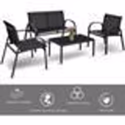 COSTWAY Ensemble Salon de Jardin 4 Places 2 Fauteuils 1 Canapé et 1 Table Basse en Verre Tissu en Textilene Anti-UV Noir