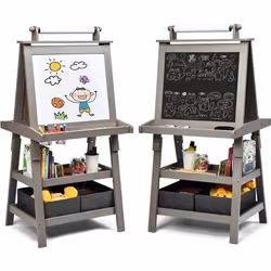 COSTWAY Tableau Enfant - Blanc Magnétique et Noir Rouleau de Papier (Papier inclus) 3 Etagères et 2 Bac de Rangement Gris