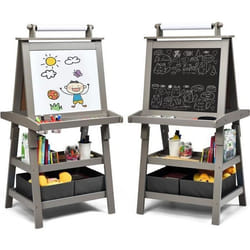 COSTWAY Tableau Enfant - Blanc Magnétique et Noir Rouleau de Papier (Papier inclus) 3 Etagères et 2 Bac de Rangement Gris