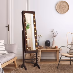 COSTWAY Armoire à Bijoux sur Pied avec 18 LED Angle RéglableDoublure en Velours Doux 35 × 315 x 145 CM Marron