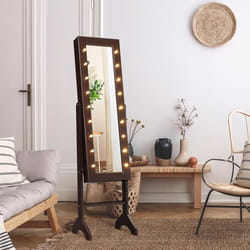 COSTWAY Armoire à Bijoux sur Pied avec 18 LED Angle RéglableDoublure en Velours Doux 35 × 315 x 145 CM Marron