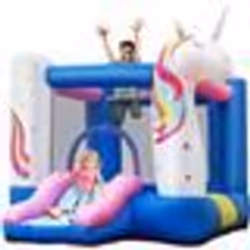 COSTWAY Château Gonflable pour Enfants avec Toboggan Panier de Basket Thème Licorne Housse de Transport Piquets sans Souffleu ...