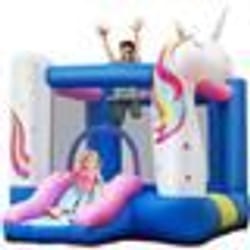 COSTWAY Château Gonflable pour Enfants avec Toboggan Panier de Basket Thème Licorne Housse de Transport Piquets sans Souffleur