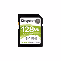 Kingston Technology Carte SDXC Canvas Select Plus 100R C10 UHS-I U3 V30 de 128 Go, 128 Go, SDXC, Classe 10, UHS-I, 100 Mo/s,  ...