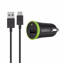 Belkin Câble USB-C vers USB-A avec chargeur de voiture universel, Auto, Allume-cigare, 2,1 A, 1,8 m, Noir