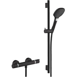 Set de douche Mitigeur Ecostat Comfort + Barre Unica 65 cm + Douchette 3 jets Raindance 120 Select e, Noir mat - Hansgrohe