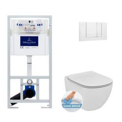 Villeroy & Boch Pack WC Bâti-support + Cuvette Ideal Standard TESI AquaBlade sans bride fixations invisibles + Plaque blanche