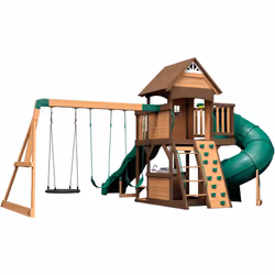 Backyard Discovery - Cedar Cove Maisonnette en bois avec Balancoires, Toboggan Double Mur d'Escalade et Banc Balancoire Exterieur avec Toboggan,