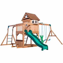 Backyard Discovery - Montpelier Aire de Jeux en bois avec Balançoires, Toboggan Mur d'Escalade et Banc Balancoire Exterieur avec Toboggan, Portique