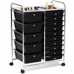Description générale Notre chariot de rangement à roulettes spacieux est doté de 15 tiroirs amovibles, dont 5 grands et 10 de ...