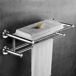 COSTWAY Porte-Serviette Mural de Salle de Bain Longueur 60cm Support Serviette en Acier Inox. avec 2 Barres et 2 Etagères