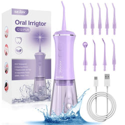 SEJOY Hydropulseur Jet Dentaire Portable Irrigateur Oral Professionnel 350ML IPX7 Étanche avec 9 Buses 5 Modes Violet