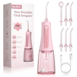 SEJOY Hydropulseur Jet Dentaire Rechargable Portable 350ML avec 6 Buses Irrigateur Oral Electrique 5 Modes IPX7 Étanche Rose