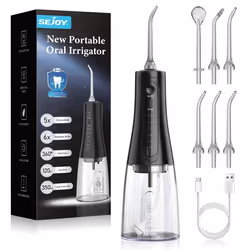 SEJOY Hydropulseur Jet Dentaire Rechargable Portable 350ML avec 6 Buses Irrigateur Oral Electrique 5 Modes IPX7 Étanche Noir