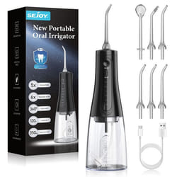SEJOY Hydropulseur Jet Dentaire Rechargable Portable 350ML avec 6 Buses Irrigateur Oral Electrique 5 Modes IPX7 Étanche Noir