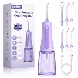 SEJOY Hydropulseur Jet Dentaire Rechargable Portable 350ML avec 6 Buses Irrigateur Oral Electrique 5 Modes IPX7 Étanche Viole ...