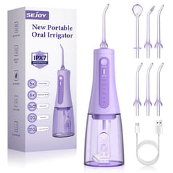 SEJOY Hydropulseur Jet Dentaire Rechargable Portable 350ML avec 6 Buses Irrigateur Oral Electrique 5 Modes IPX7 Étanche Violet