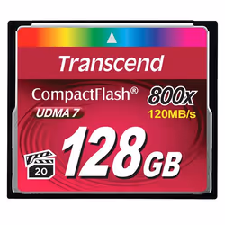 Transcend 128GB 800x CF, 128 Go, CompactFlash, MLC, 120 Mo/s, 60 Mo/s, Noir