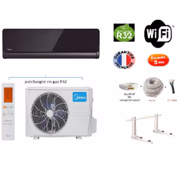 PRET A POSER Pack Climatiseur réversible Mono-split MIDEA PURE GLASS 3500W 35m2 + kit 7 mètres de pose complet WIFI INTEGRE 2 ...