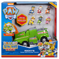 PAW Patrol , Total Team Rescue, Camion de recyclage de Rocky avec 6 chiots, pour les enfants à partir de 3 ans