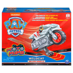 PAW Patrol , Deluxe Vehicle Moto Pups, Moto à rétrofriction de Wildcat avec fonction roue arrière et figurine