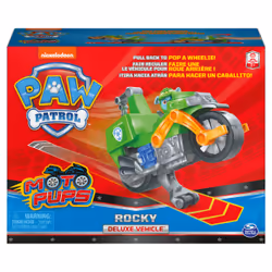 PAW Patrol , Deluxe Vehicle Moto Pups, Moto à rétrofriction de Rocky avec fonction roue arrière et figurine