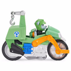 PAW Patrol , Deluxe Vehicle Moto Pups, Moto à rétrofriction de Rocky avec fonction roue arrière et figurine