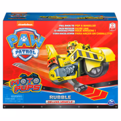 PAW Patrol , Deluxe Vehicle Moto Pups, Moto à rétrofriction de Ruben avec fonction roue arrière et figurine