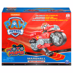 PAW Patrol , Deluxe Vehicle Moto Pups, Moto à rétrofriction de Marcus avec fonction roue arrière et figurine