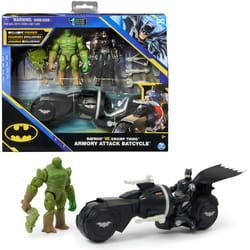 DC Comics , Coffret Batman vs. Swamp Thing Armory Attack Batcycle, figurines articulées Batman en armure et Swamp Thing exclusives avec accessoires, jouets pour garçons et filles à partir de 3 ans