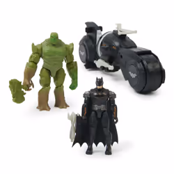 DC Comics , Coffret Batman vs. Swamp Thing Armory Attack Batcycle, figurines articulées Batman en armure et Swamp Thing exclusives avec accessoires, jouets pour garçons et filles à partir de 3 ans