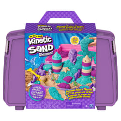 Kinetic Sand , Coffret palais de sirène, 934 g de sable à modeler scintillant (mauve fluo, turquoise scintillant et sable de plage), bac à sable repliable réutilisable et outils, jouets sensoriels pour enfants à partir de 3 ans
