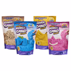 Kinetic Sand Scents, Coffret de 907 g contenant 4 sachets de sable aux parfums Biscuit en folie, Parfum qui donne la banane, Fraîcheur pastèque et Délice mûre et myrtille