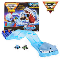 Spin Master Monster Jam, Coffret de jeu Mini Megalodon Race and Chomp Playset, Avec 2 monster trucks Monster Jam Mini à l'échelle 1:87, Jouets monster trucks pour enfants à partir de 3 ans