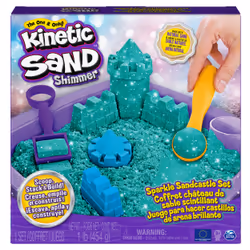 Kinetic Sand Shimmer, Coffret Château de sable scintillant avec 453 g de scintillant turquoise, 3 moules et 2 outils, Sable c ...