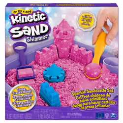 Kinetic Sand Shimmer, Coffret Château de sable scintillant avec 453 g de scintillant rose, 3 moules et 2 outils, Sable cinéti ...