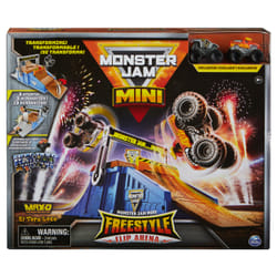Monster Jam - PLAYSET MINI FREESTYLE FLIP ARENA - Playset Transformable Jeu Et Rangement Avec 2 Monster Trucks Officiels Format Mini - Show - Jouet Enfant 3 Ans et +
