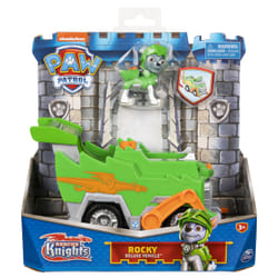 PAW Patrol PAT' PATROUILLE RESCUE KNIGHTS - VÉHICULE + FIGURINE CHEVALIER ROCKY - Rejoins Pat' Patrouille Mission Chevalier avec Rocky & Véhicule Pat' Patrouille Dragon Lance-Projectile - Jouet Enfant 3 Ans +