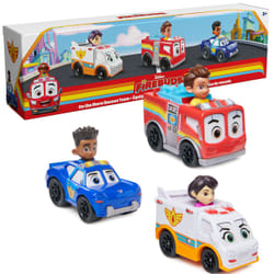 Disney Junior Firebuds, Équipe de secours en route, 3 véhicules en métal moulés : camion de pompier, ambulance et voiture de police, jouets pour filles et garçons à partir de 3 ans