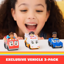 Disney Junior Firebuds, Équipe de secours en route, 3 véhicules en métal moulés : camion de pompier, ambulance et voiture de police, jouets pour filles et garçons à partir de 3 ans