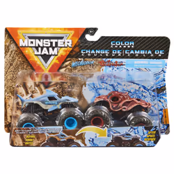 Monster Jam , Coffret de 2 monster trucks officiels en métal moulé Monster Mutt Poodle vs. Monster Mutt Husky qui changent de couleur, échelle 1:64