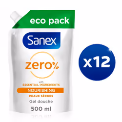 Pack de 12 - Sanex Eco recharges gel douche Essentiel Peau Sèche 500ml