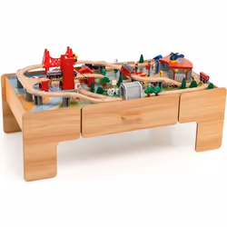COSTWAY Ensemble Table de Circuit Voiture et Train pour Enfant -100 Accessoires avec Table Réversible d’Activité et Tiroir 3 ...