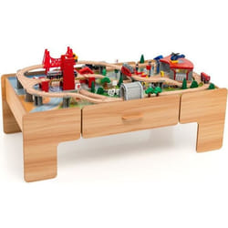 COSTWAY Ensemble Table de Circuit Voiture et Train pour Enfant -100 Accessoires avec Table Réversible d’Activité et Tiroir 3 Ans +